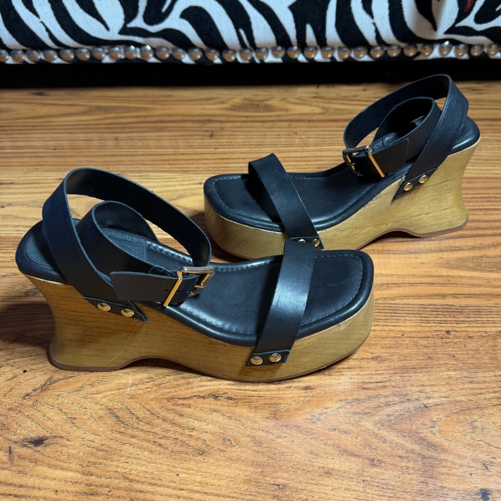 Schutz Lansy Black Leather Wood Wedge Platform Sandals Square Toe Size 8B